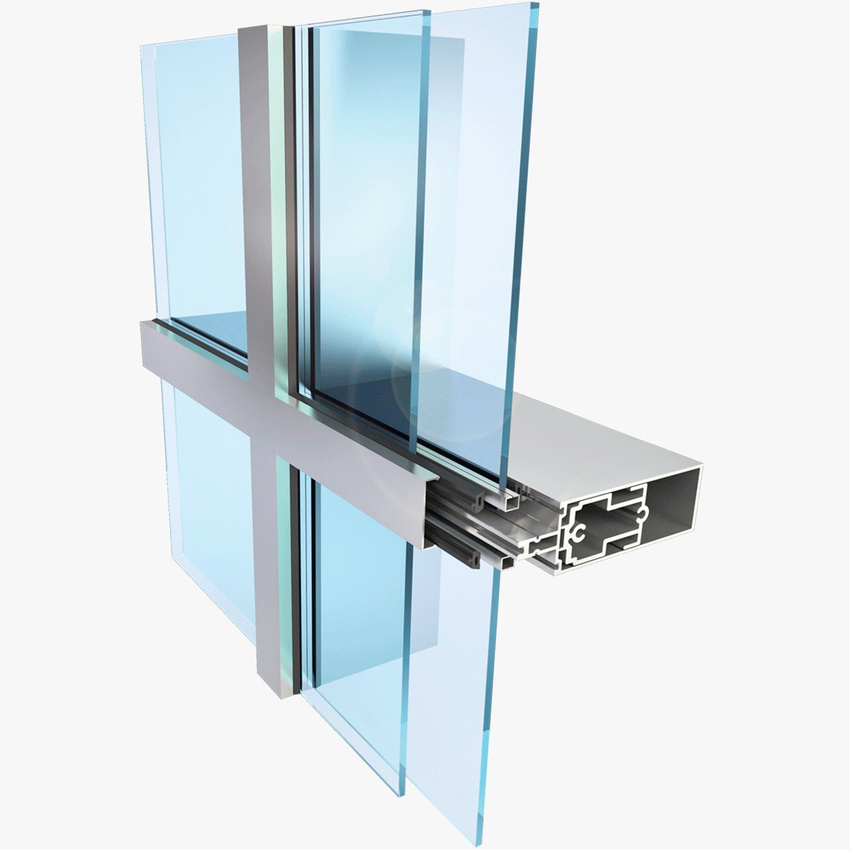 Technical 3D render showing aluminum curtain wall framing cross section profile details