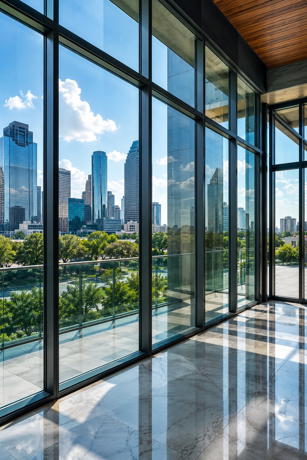 Tall high-rise architectural window systems filtering out UV rays protecting building interiors