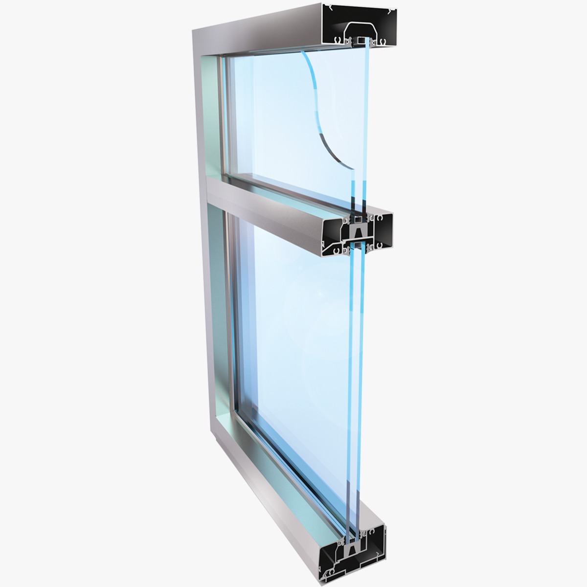 Technical 3D architectural render displaying double pane insulated window frame profile specs