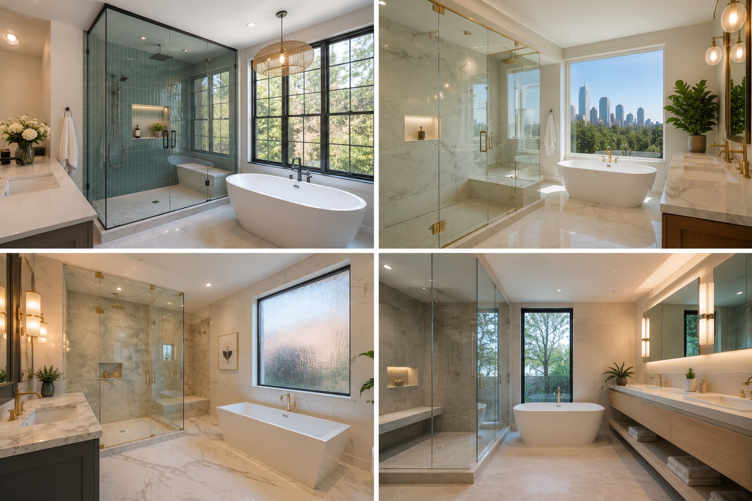 Custom residential master bathrooms featuring frameless shower doors and hardware
